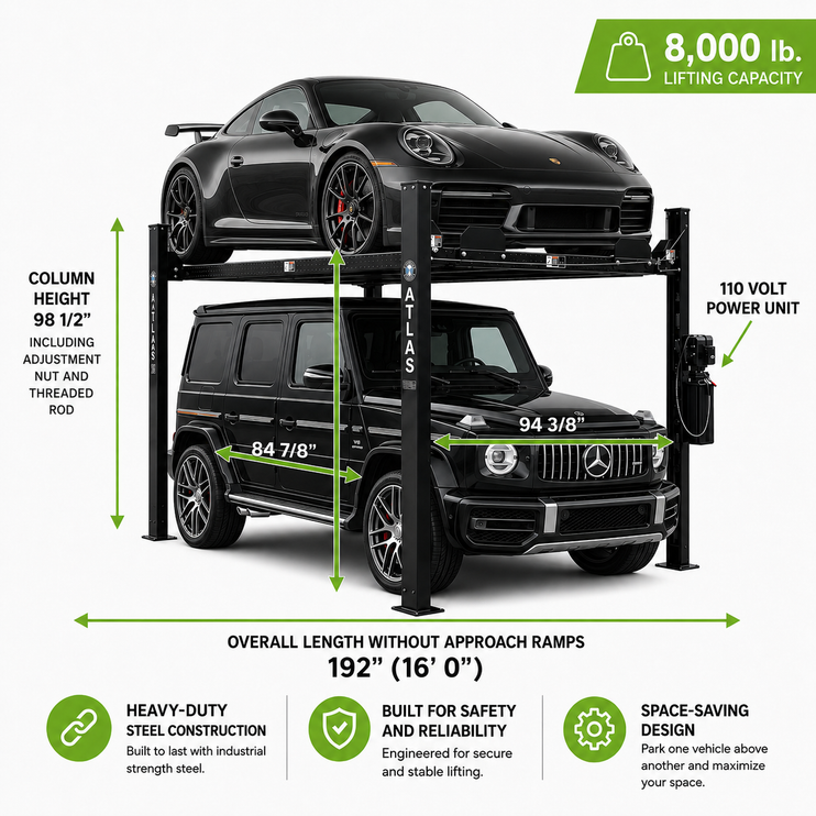 ATLAS Apex 8 Extra Tall Hobbyist Four Post Lift - ALI Certified