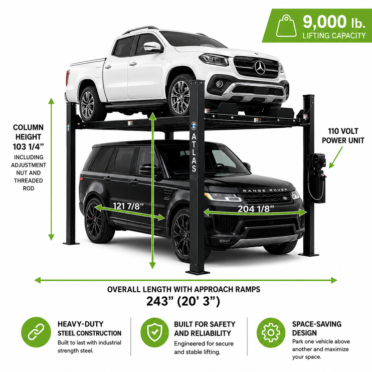 Atlas Apex 9 ALI Certified Hobbyist 9,000 Lb. Capacity 4 Post Parking Car Lift