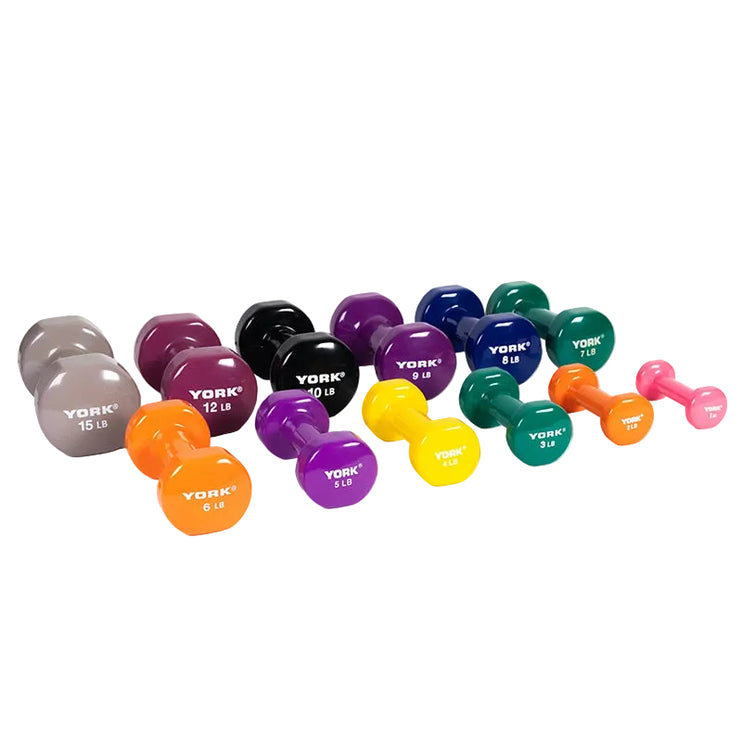 A set of colorful YORK brand adjustable dumbbells arranged on a white studio background. The set includes multiple colors such as purple, orange, yellow, green, blue, black, and pink, with the brand name and weight markings clearly visible on the handles.
