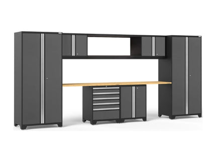 NewAge | Pro Series 9 Piece Cabinet Set with Wall, Base, Tool Drawer Cabinet, 56 in. Integrated Shelf and 112 in. Worktop